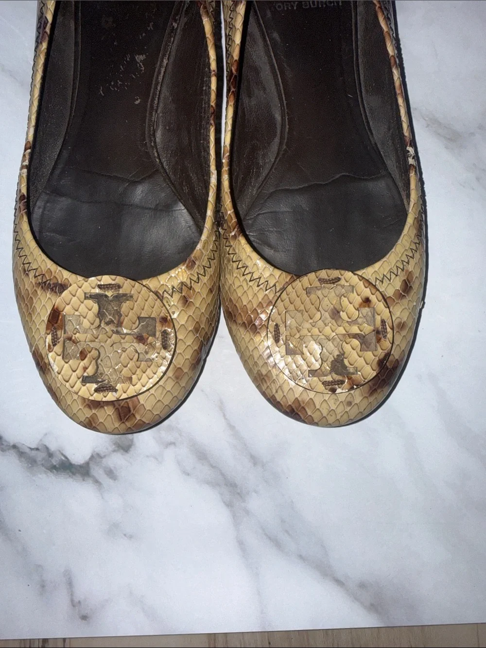 Tory Burch Snake-Print Reva Ballet Flats in Tan and Brown